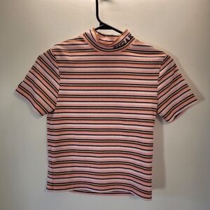 Teddy Fresh Need A Hug Short Sleeve Mock Neck Striped Pink Tshirt - S